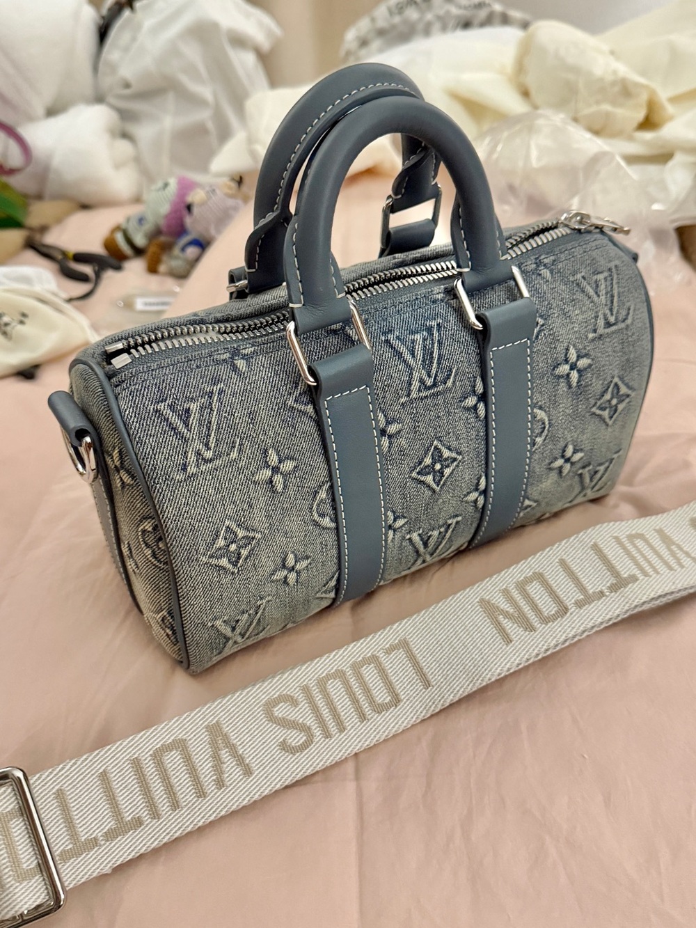 Beautiful Denim Mini Duffel Bag in Washed Blue so gorgeous! Truth. 😍😍